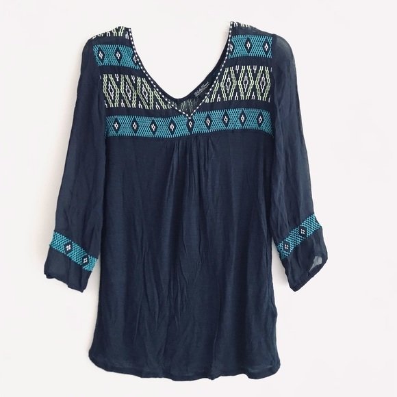 Lucky Brand | Aztec Print Pullover Top Womens Small Blue V-neck Sheer Size S - Picture 1 of 13
